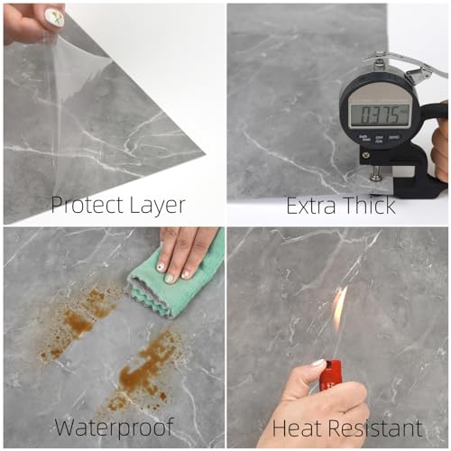 Marble Stick on Tiles 30 x 30cm 10Pcs, Grey Tile Stickers Self Adhesive Wall Tiles, PET Peel and Stick Wall Glossy Stickers for Kitchen Bathroom