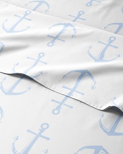 Image of Kids Full Blue Anchors Bed Sheets - 4 Piece Kids Blue Anchors Sheet Set | Blue Anchors Themed Bedding, Ultra-Soft, Cute & Cozy, Breathable & Machine Washable, Bed Set for Boys, Girls & Teens, Comfy