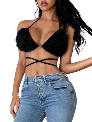 Verdusa Womens Rave Fur Halter Top Party Sexy Crop Tops Festival Outfits