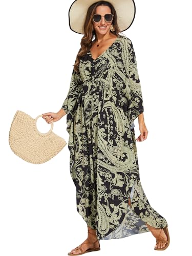 Image of Moss Rose Kaftan Dresses for Women V Neck Summer Swimsuit Cover up Caftan Maxi Beach Dresses