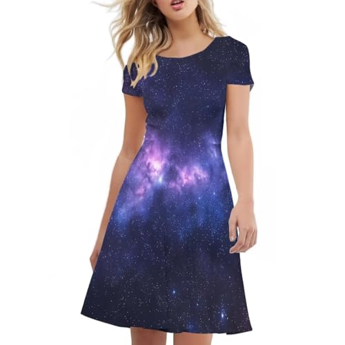Image of HUGS IDEA Womens Puffy Swing Midi Dress Round Neck Short Sleeve Party A-Line Dresses