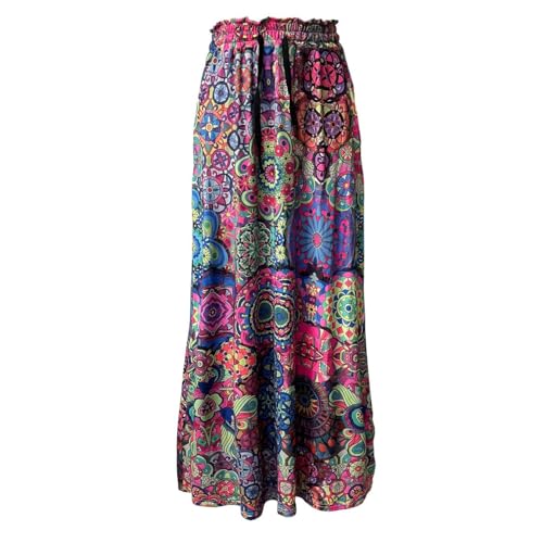 Women Boho Colorful Flowy Maxi Skirt Casual Floral Print Pleated A Line Long Skirt Loose Elastic Waist Skirts with Pockets3