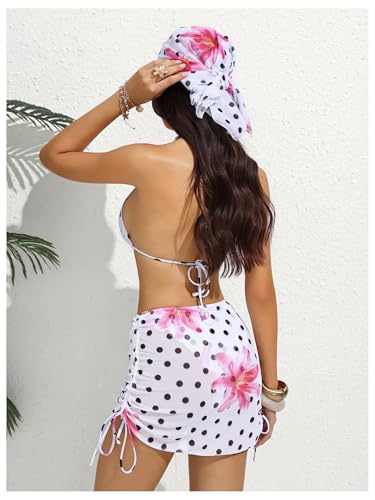 Image of RoseSeek Women's 4 Piece Polka Dots Bathing Suits Cover Up Skirt & Bandana | Halter Bikini Sets, Sexy Bathing Suit, Beach Skirt, Leopard, Paisley, Tropical, Summer