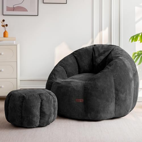 Image of MAXYOYO Giant Bean Bag Chair with Ottoman, Pumpkin-Shaped Bean Bag Sofa with Footstool, Oversized Boneless Couch Chair in a Box, Comfy and Lazy Lounge for Dorm, Living Room, Bedroom, Black