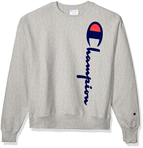 Champion LIFE Men's Reverse Weave Crew-Oversized Flock Script, Oxford Gray, Medium
