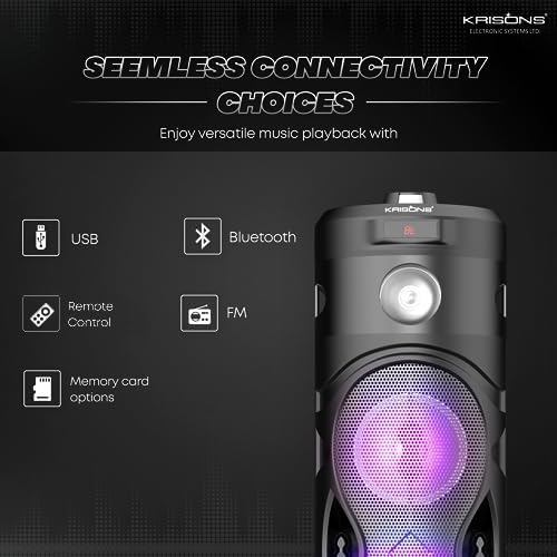 Image of Krisons Cylender 111 50W Portable Speaker with 4 inch Double Woofers, Free Wired Mic for Karaoke, in Built Torch, Remote Control with Bluetooth, FM, USB, Micro SD Card Connectivity (Black)