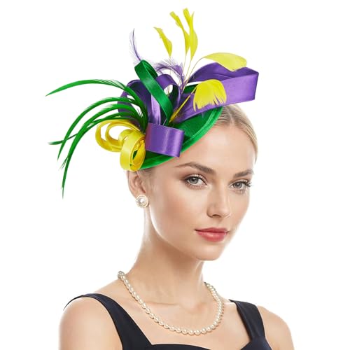 Zando Mardi Gras Fascinators Hats for Women Tea Party Feathers Ken-tucky Derby Hats for Women 2026 Fascinator Headband Headpiece Cocktail Wedding Hair Clip Ribbon Yellow+Green+Purple Hat