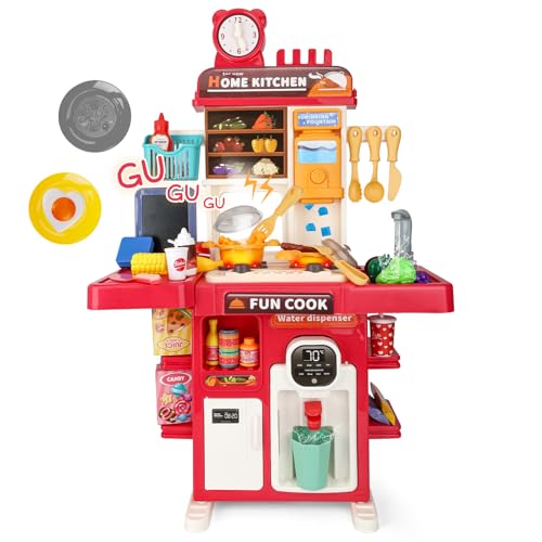 Upgrade Toy Kitchen Set for Kids Toddlers Mini Kitchen Playset with Spray Sink & Realistic Lighting Pretend Cooking Toys for 3 4 5 Year Old Girls Boys Gifts (Red)