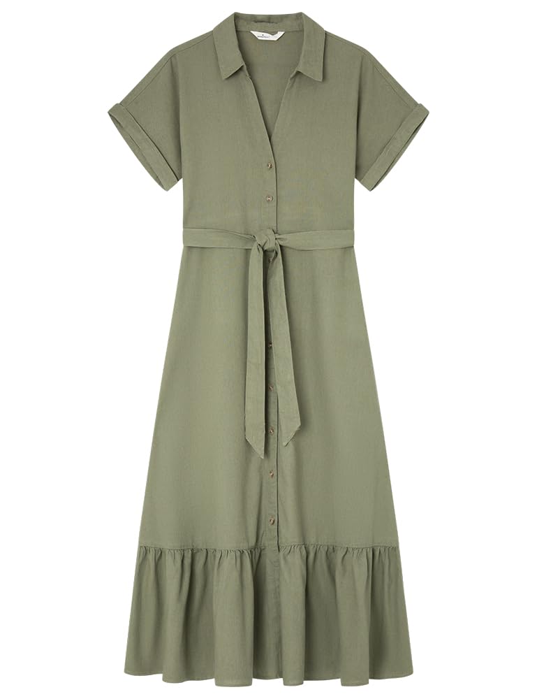 Springfield Women's Medium Khaki 7.T.a. Vestido Midi Mc Lino Liso Casual Dress, 12