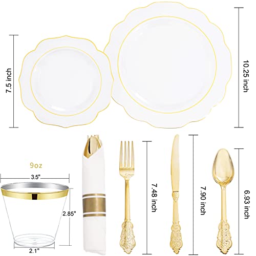 Noccur 50Guest Gold Rim Clear Plastic Plates&Disposable Silverware Cups-Include 100Plastic Plates, 150Gold Utensils, 50Cups And 50Napkins-Idea For Party, Wedding And Birthday #TOP2
