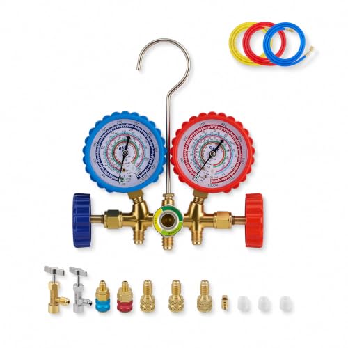 Orion Motor Tech AC Gauge Set 3-Way AC Manifold Gauge Set for R134a R410A R404A R22 Refrigerant with 5ft Hoses Automotive A/C Gauge with R134a Couplers Piercing Self-Sealing Can Taps R410A Adapters