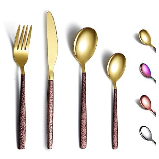 Berglander Juego de cubiertos de 24 piezas con mango de superficie lunar y cabeza dorada brillante con revestimiento de titanio, juego de cuberteria de acero inoxidable