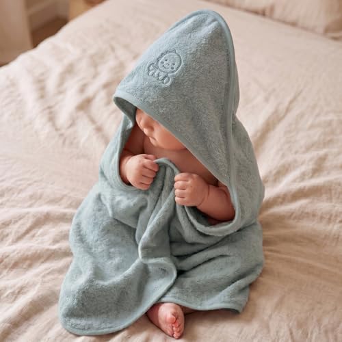 Image of Hooded Baby Towels for Boys (0-1.5 Years) | 70x70 cm | Soft Terry Cotton Wrap | Blue Hooded Towels for Newborn & Infant Bath, Pool, Beach Gift