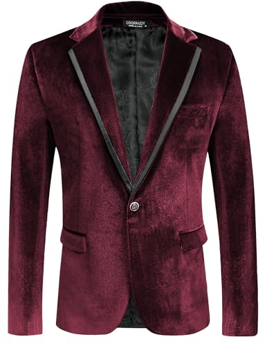 Coofandy Blazer en Velours pour Homme, Coupe ajustée, Solide, à Un Bouton, pour Bal de Fin d'année, Mariage, dîner, Bordeaux, Taille M