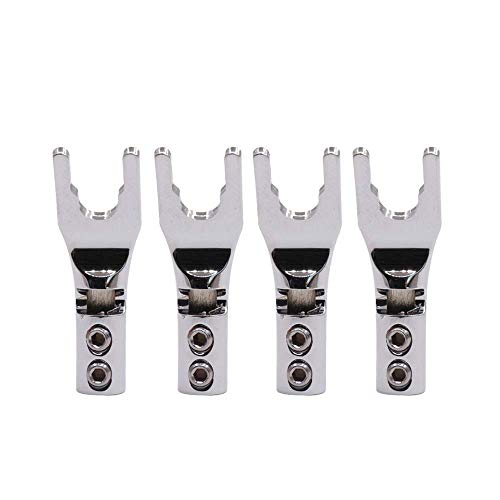 Pure Copper Speaker Spade Connectors,Screw Locking Speaker Wire Connector,Fork Spade Plug 45 Degree for Speaker Wire DIY 4PCS (Rhodium Plated Without Heat Shrink Tube)