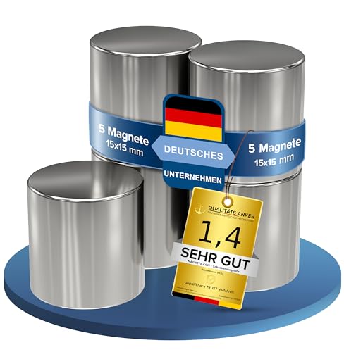 5x Neodym Power Magnet silber - Scheibenmagnet extra stark rund - Durchmesser 15x15mm hoch - starke Magnete Supermagnet - Haftkraft ca. 10 kg - Magnete für Whiteboard, Pinnwand, Magnettafel, Werkstatt