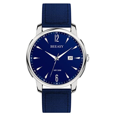 Beeasy Men's Watch Stainless Steel Analog Waches for Man Sport Work Waterproof Chronograph Watches,Classic Men's Wrist Watch with 42mm Nylon Band Watch for Men