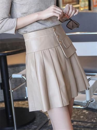 Women's High Waist Leather Mini Skirt with Pleated Design and Button Accents Slim Fit Above Knee4