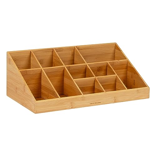 Mind Reader COMORGBM-BRN Station, Org, Coffee Bar 11-Compartment, Bamboo Cup, Lid and Condiment Storage, Countertop Organizer, 18.125" L x 9.5" W x 6.5" H, Brown