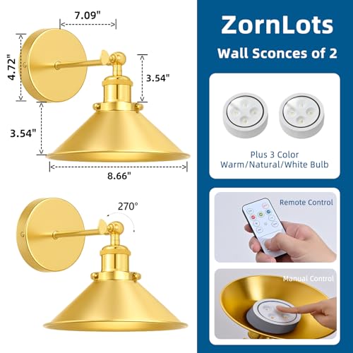 Image of Gold Battery Operated Wall Sconce Set of 2,Vintage Wireless Wall Sconces with Remote,Dimmable Led Wall Lights,Wall Lamp Fixture Indoor Bedroom Living Room Kitchen,LED Bulbs Included