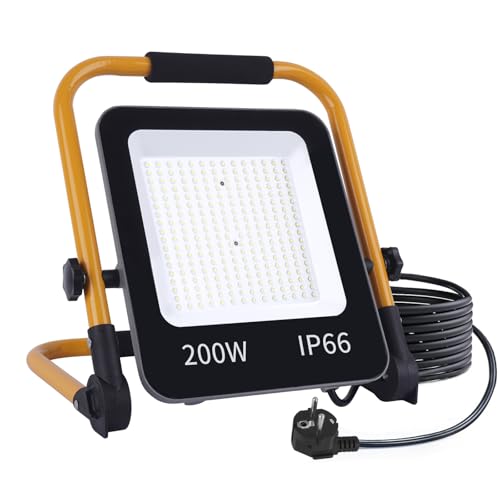Fosingut Projecteur LED Chantier 200W,20000LM Éclairage de Chantier Puissant avec Prise EU/Cordon 2M/6500K,IP 66 Étanche Spot LED Extérieur Pliable Portable Phare de Travail pour Atelier,Garage,Jardin