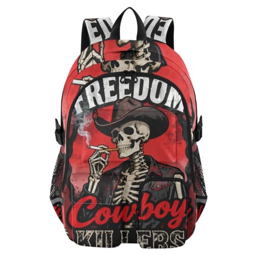 Mochila de viaje grande de 17.5 pulgadas con diseño de calavera vaquera occidental para portátil
