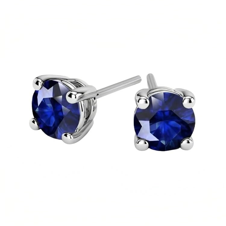 18k White Gold 2 Pair Created Blue Sapphire 6mm Round & Princess Cut Stud Earrings Plated2