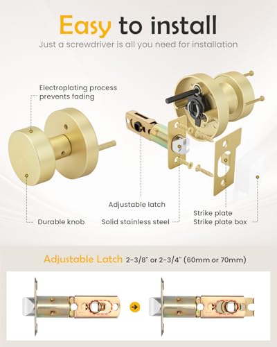 Image of Goldenwarm Gold Door Knobs Interior Privacy, Zinc Alloy Keyless Brushed Gold Door Knobs for Bedroom Bathroom, Heavy Duty Interior Door Knob - Adjustable & Reversible (2 Pack)