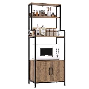 HOCSOK Scaffale da Cucina, Armadio da Cucina, Mobile per Microonde con 2 Ante, 4 Scaffale e 8 Ganci, Mobile Ausiliario per Stoviglie, Spezie, Legno, 60x40x149cm, Antico