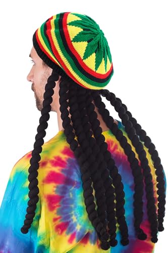 DIYDECAL Rasta Beanie Hat with Black Dreadlocks Wig Costume Dreads Hats