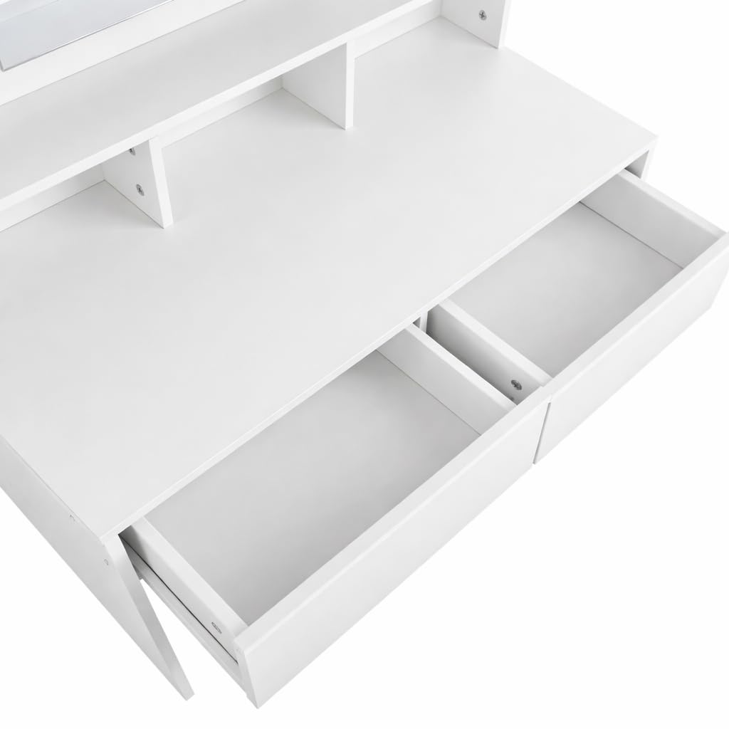 Tocador de maquillaje con Luz | Mueble tocador con Espejo 2 cajones y estantes de almacenamiento | Mesa de maquillaje moderno blanco para dormitorio, cómoda organizadora cosméticos y joyas