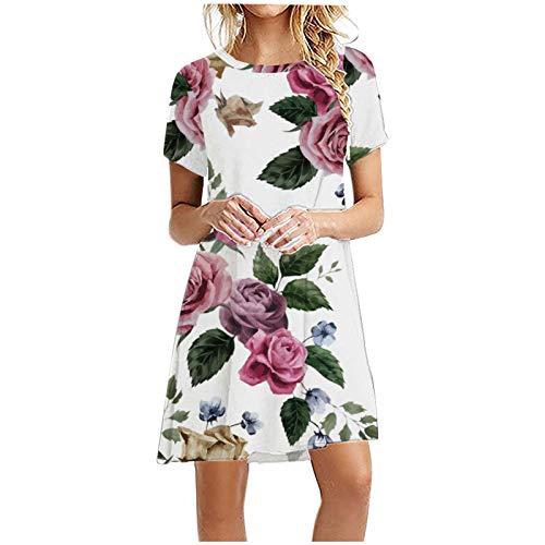 wlczzyn Women Dresses Round Neck Short Sleeve Tunic Dress Summer Casual Floral Print T-Shirt Dresses for Beach Party White