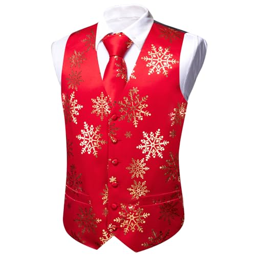 Barry.Wang Men Christmas Vest Red Green Xmas Tree Snow Elk Snowflake Holiday Suit Waistcoat Tie Set New Year Festival4