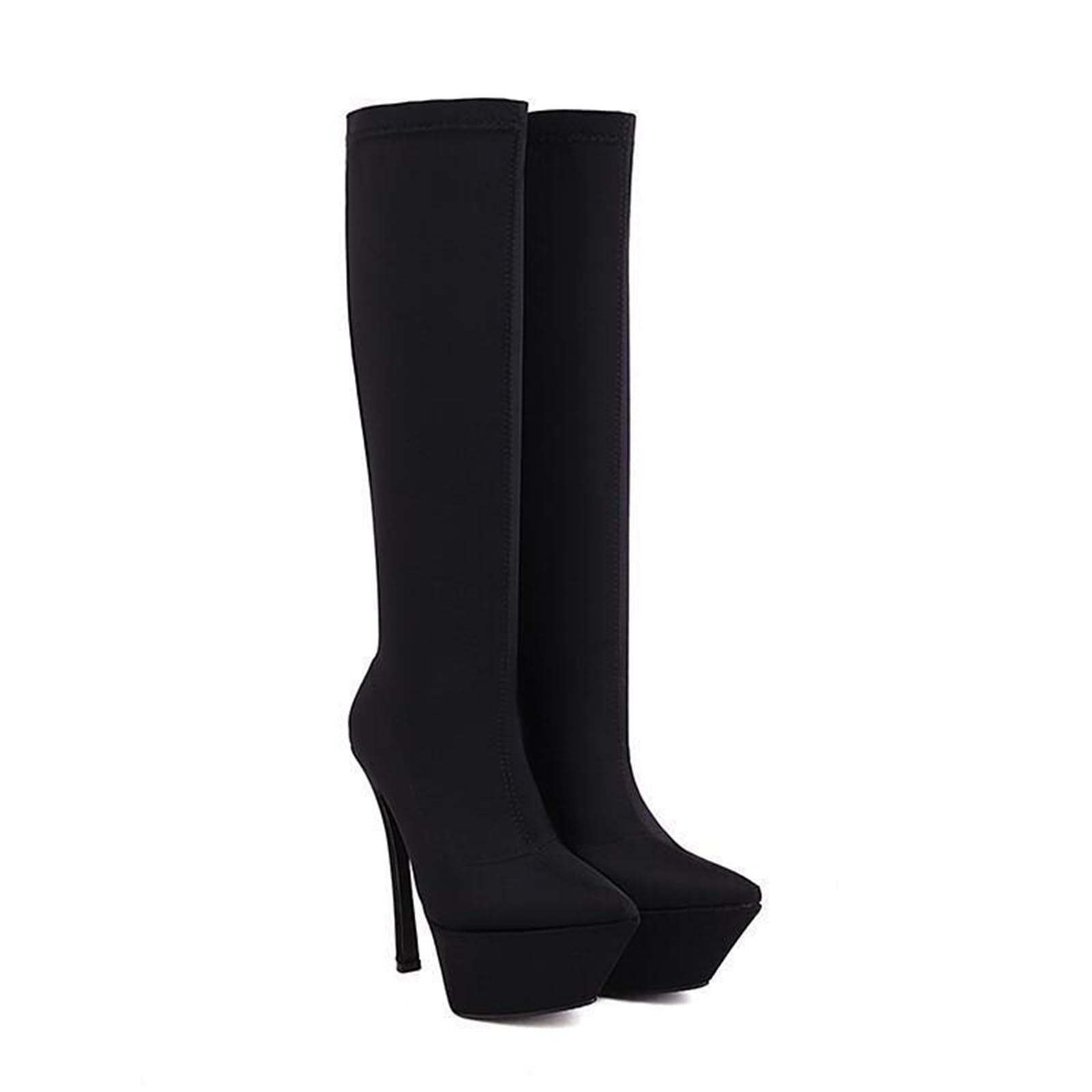 14CM/5.51IN Soletta Spessa Stivali al Ginocchio Tacco Sottile Donna Punta Stivali Elasticizzati Nero Super Tacco Alto Stivali delle Donne
