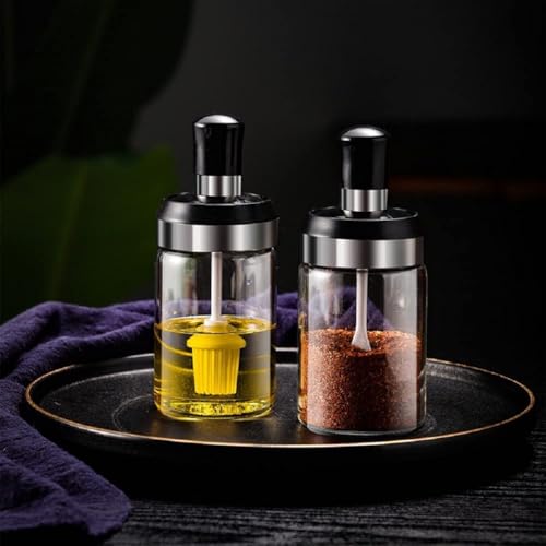 Image of LISHER Borosilicate Glass Spice Jars and Brush Jar with Spoon Setand Olive Oil Bottle with Brush Combo for Kitchen & Restaurants Airtight Cap (Brush+Spoon, Pack of 2, 250ML), Transparent