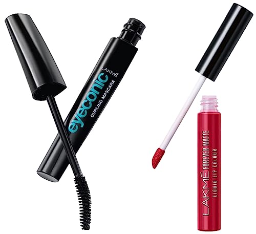 Image of Lakme Eyeconic Lash Curling Mascara For Eyelash Volume, Smudge Proof, Water Proof, Black, 9 ml & Lakme Forever Matte Liquid Lip Colour, Red Revival, 5.6 ml