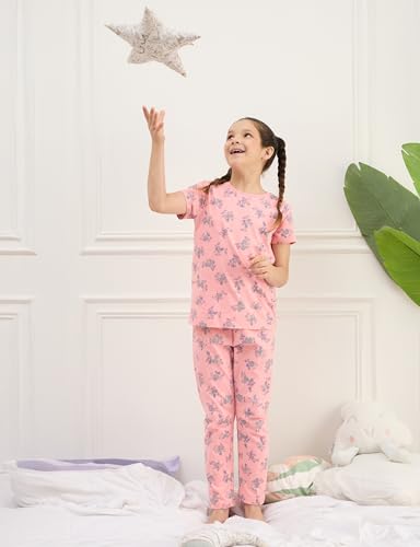 Image of Amazon Brand - Symbol Girls 100% Cotton Night Suit Set |Half Sleeves T-Shirt & Pajama Set | Age 2-14 Years