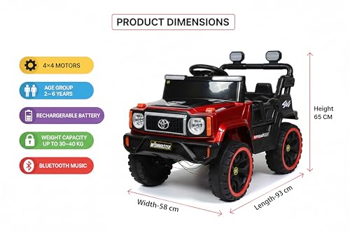 Image of Wishmaster 4x4 Kids Electric Ride On Jeep with Remote Control | Battery Operated Car for Kids 2-6 Years | RGB LED Lights, Bluetooth Music | Birthday Gift | 1-Year Warranty On Motors & Motherboard