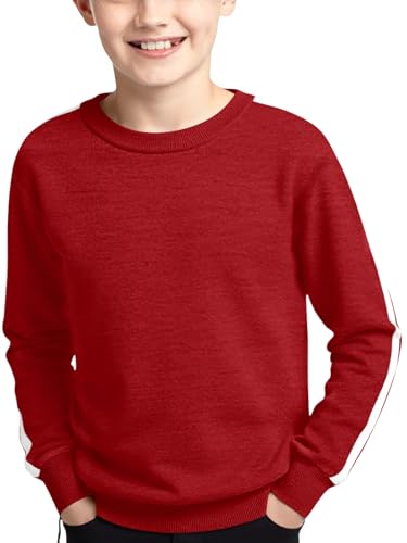 Haloumoning Boys Striped Long Sleeve Sweater Kids Fashion Crewneck Knit Pullover Fall Clothes 5-14Y Red