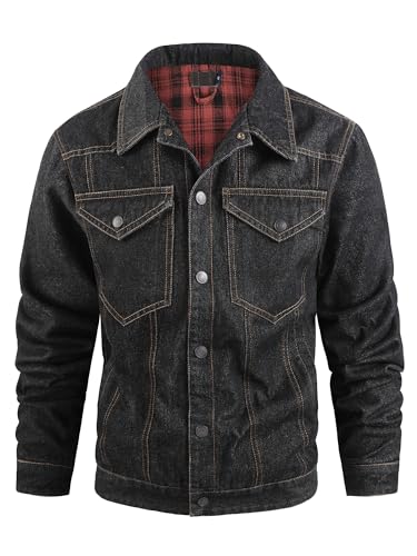 Image of Men's Denim Jacket Lined Flannel Plaid Vintage Cowboy Cut Western Classic Trucker Motorcycle Snap Fall Long Sleeves
