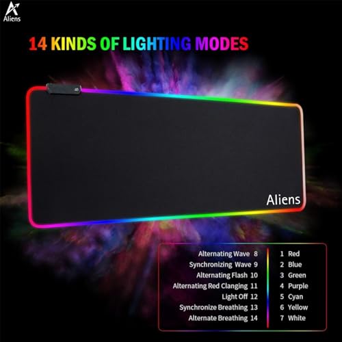 Image of Aliens XL RGB Gaming Mouse Pad, 14 Mode LED Extended Mousepad, Non-Slip Rubber Base, Mouse Mat for Office, Gaming Desk /Accessories, Computer, Laptop, Optical mice, Keyboard pad 80 x 30cm-Black