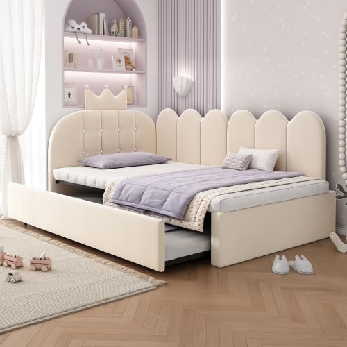 Merax Upholstered Kids Bed Daybed with Pull-Out Trundle Bed, Single Bed with Drawers, Crown-Shaped Velvet Sofa Bed for Children, Beige, 90 x 190 cm - Kids Bed with Storage