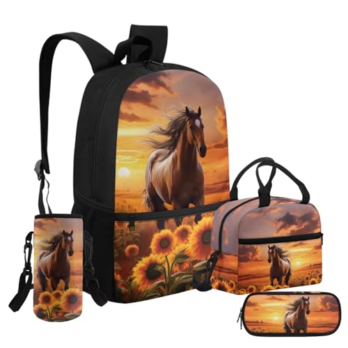 Horse Sunflower Backpack for School Girls Teen 4PCS Elementary Middle School Bag Lunch Box Water Bottle Holder Set Large Capacity Book Bags Rucksack Outdoor Travel Daypack Laptop Bag3