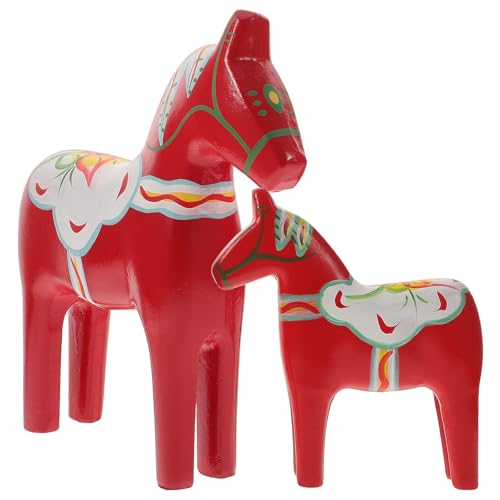 DONFAMDS Adorno de Caballo de Madera Pintado a Mano Figura Decorativa Roja de Madera Maciza Par de Estatuas Nórdicas para Sala de Estar Decoración Creativa para Escritorio y Hogar