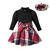 [Miipat] 子供服 女の子 セットアップ 長袖 ニット プルオーバー チェック柄 Aラインスカート 上下セット ベビー服 トップス スカート 2点セット 可愛い お洒落 90-120cm (ワインレッド(チェック柄),120)