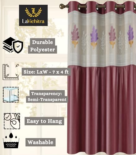 Image of LaVichitra 1 Piece Semi Sheer Floral Net Curtain - 7 X 4 Feet, Door Curtains, Burgundy