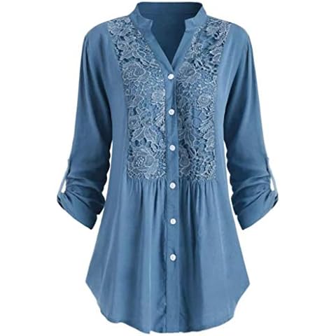 2022 Camisa Manga Larga Mujer Moda Color sólido Blusa Camisa Cuello en V Camiseta Elegante Suelto Encaje Tops Casual Fiesta T-Shirt Original otoño Primavera tee Sudadera Jersey suéter Talla Grande Cover