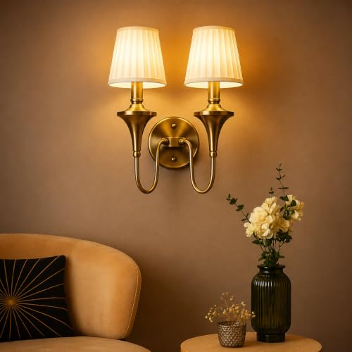 Image of Vintage Brass Double Arm Wall Lamp | Classic Fabric Platted Shade | Luxury Classic Sconce Light | Decorative Lighting Fixture for Living Room, Bedroom, Hallway