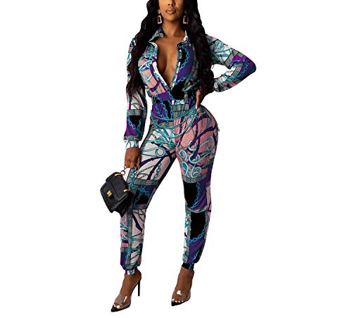 dingshuo Women's Sexy Zipper One Piece Outfits Deep V Neck Long Sleeve Bodycon Long Pants Party Clubwear Jumpsuit Romper T9377 Multi Purple-XL