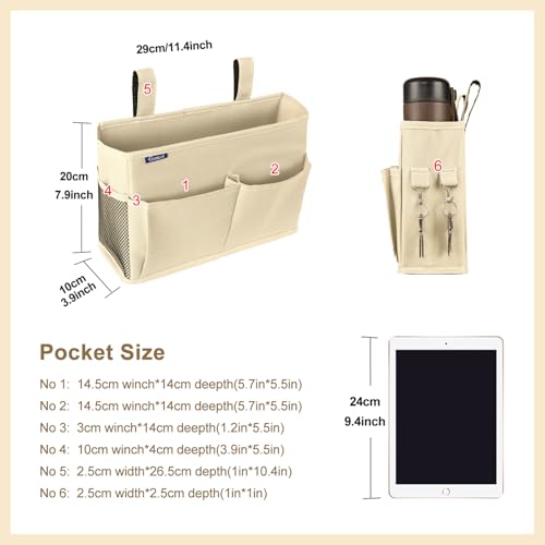 Image of Surblue Bedside Caddy Hanging Organizer Storage Bag for Bunk and Hospital Beds, College Dorm Rooms, Baby Rails, Camp - 4 Pockets, 2 Hooks (Small, Beige)
